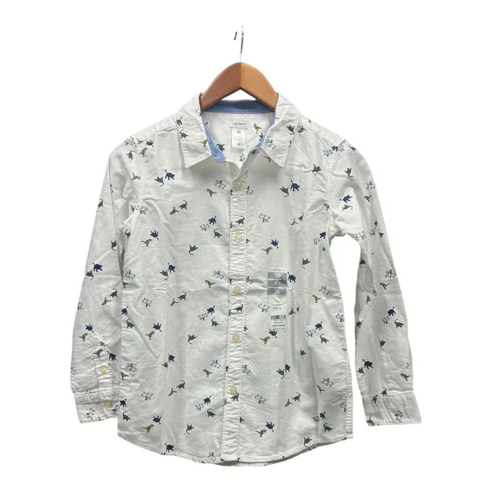 Carter's Dinosaur Oxford Boys Shirt Top Button Down Size 10